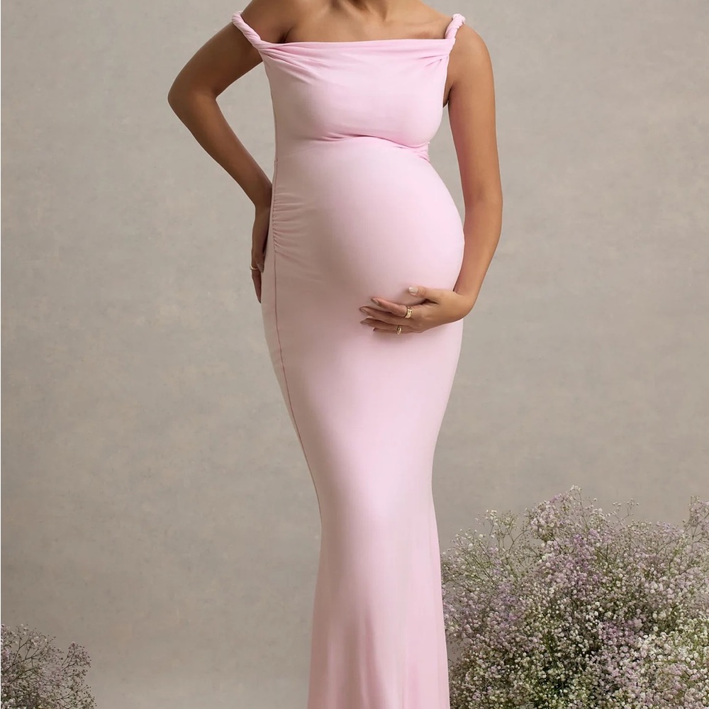 Club L London Lita Pink Twisted Asymmetric Maternity Maxi Dress